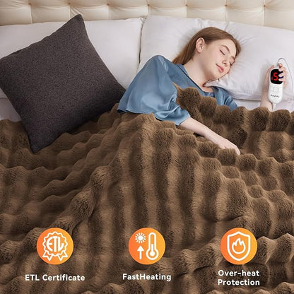 Heated Blanket Throw with 1/2/4/6/8 Hours Auto-Off 10 Heat Level, 50'' * 60'' Cozy Faux Rabbit Fur Bubble Electric Blanket with Overheat Protection(Brown)