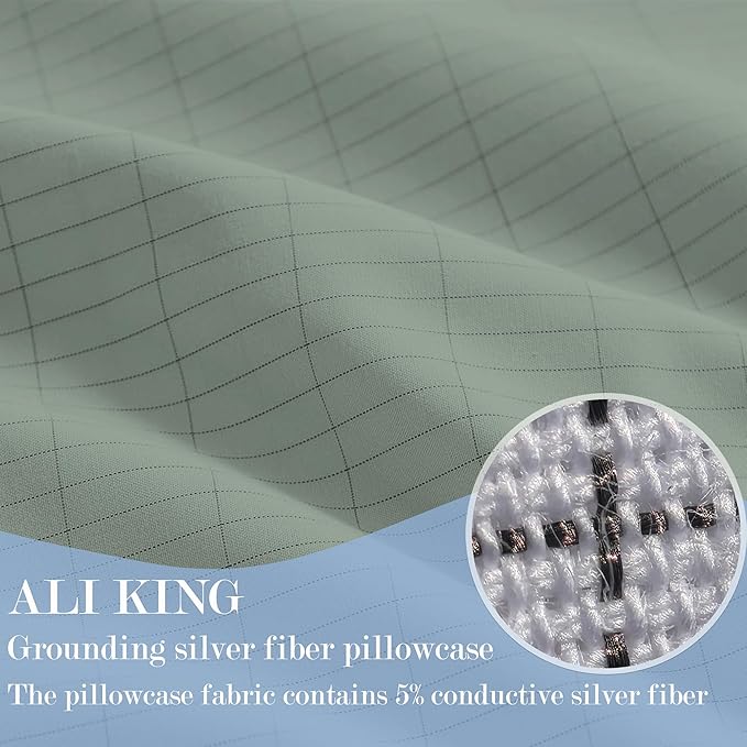 Ali King Grounding Pillowcase, 5% Conductive Silver + 95% Soft Cotton King Size Earth Grounding Pillow Cases with Grounding Cord for Improve Sleep (Green, King (20x36inches))