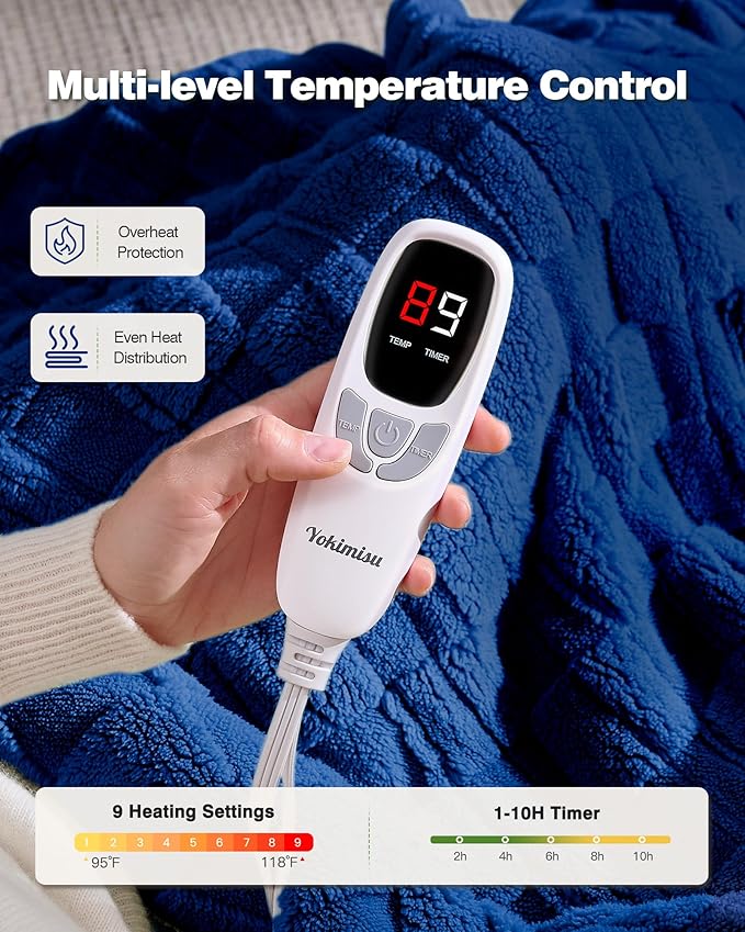 Heated Throw Blanket 50"x60" - 9-Level Fast Heating & 1-10H Timer, Fluffy Plush Blanket with Snap Buttons for Secure Fit, Warm Gift for Women/Men, for Couch, Bed & Office, Pageant Blue