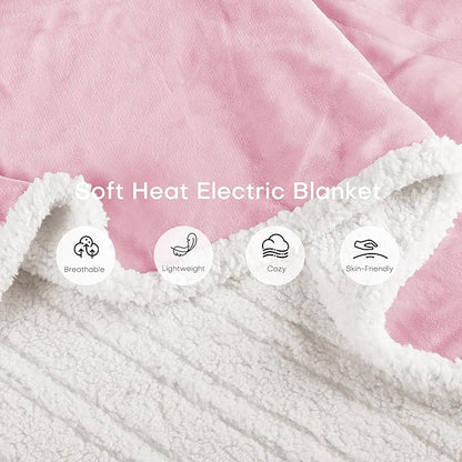 Electric Heated Blanket Throw Size 50"x60" - Dual-Sided with Microplush & Sherpa Fabric, 4 Heat Settings & 3 Hours Auto Off, Machine Washable - Pale Pink