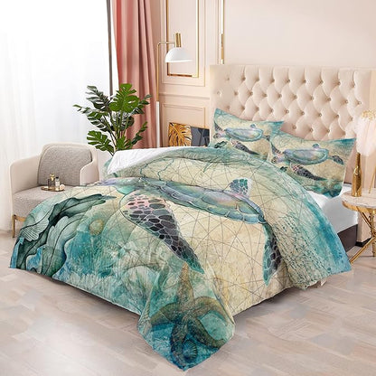 CVHOUSE Sea Turtle Comforter Set, Ocean Bedding for Kids Teens, Duvet Quilt Room Decor Queen Size