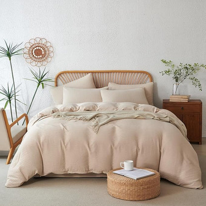 Duvet Cover Quee Beige, Luxury Brushed Microfiber Double-Layer Crinkle Gauze Beige Queen Duvet Cover, 3 Pieces Bedding for All-Season, Soft Breathable with Zipper Closure (No Comforter)