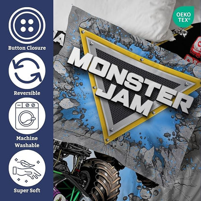 Jay Franco Duvet Cover Set – 3 Piece Comforter Cover and Sham Set, Super Soft Cozy Kids Bedding (Insert Not Included) Grey - Monster Jam, Queen