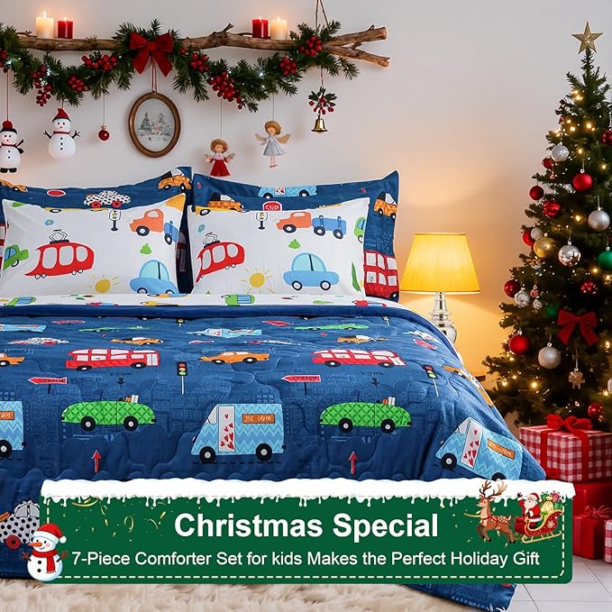 Wajade Cartoon Cars Comforter Set Bed in A Bag Queen Size Colorful Cars Bus Van Traffic Lights Bedding Set for Boys Kids (1 Comforter, 1 Flat Sheet, 1 Fitted Sheet, 2 Pillowcase and 2 Pillow Sham)