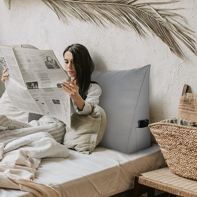 Johnear Triangular Headboard Pillow Daybed Wedge Pillow Cotton Linen Large Bolster Reading Back Rest Pillow for Sofa Bed Support Bolster Upholstered Backrest Positioning Lumbar Cushion（Gray, King）
