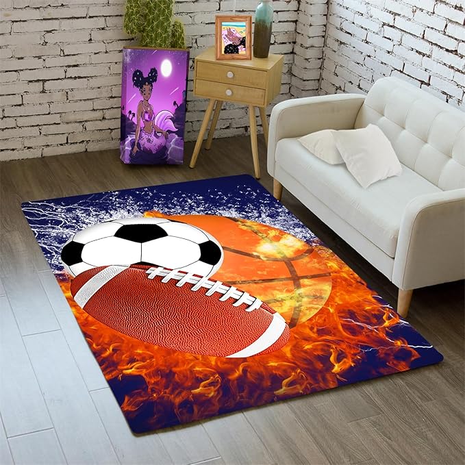 Sports Rugs for Boys Bedroom - Football & Soccer, Baseball,Basketball Rug for Boys Bedroom Sports Themed Water Flame Design Kids Carpet for Playroom Living Room Floor Mats, 2x3 Feet