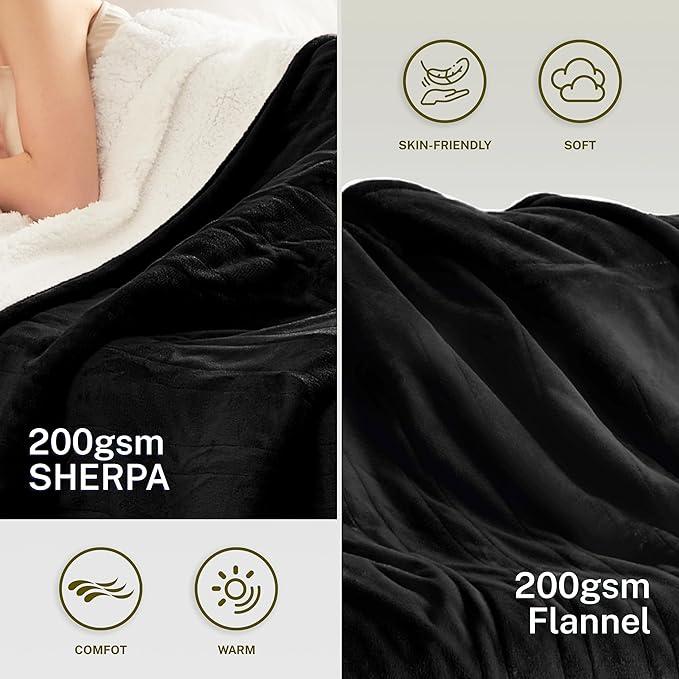Heat Blanket 84”x90” Queen Size-Dual Control，Soft Flannel & Sherpa Reversible Electric Blanket with 10 Heat Settings,12 Timer Setting and 8 Hours Auto-Off,ETL Certified Machine Washable,Black