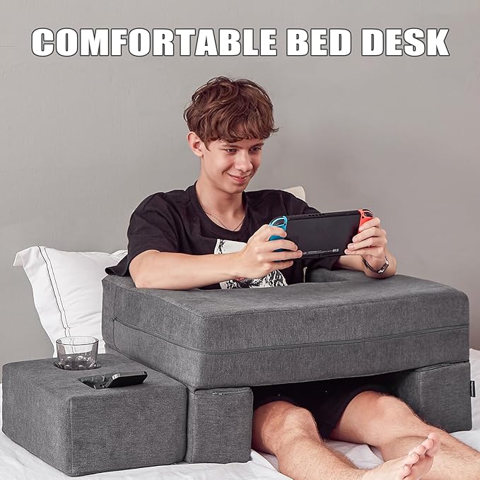 Reading Pillow for Adult, Lap Desk Pillow with Coaster, Arm Rest Pillow, Memory Foam Bed Rest Pillows Working, Reading Playing, Crocheting in Bed Floor Sofa(Grey)