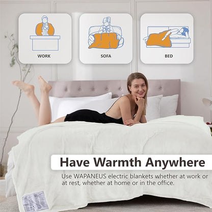 Wapaneus Foot Pocket Heated Blanket Electric Throw with 10 Heating Levels and Auto Shut Off,Flannel Fast-Heating Heated Throw 50" x 60",ETL Listed Machine Washable,Ivory