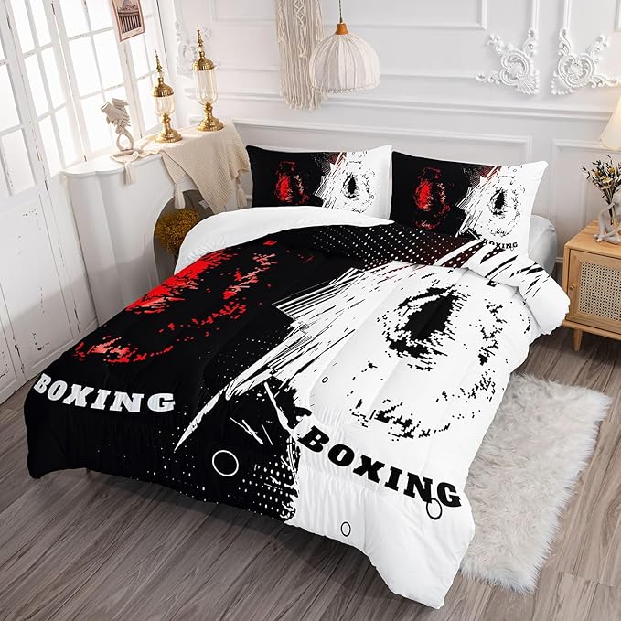 Boxing Comforter Set Sports Games Theme Printed Bedding Set with 1 Comforter and 2 Pillowcases for Boys and Girls Bedroom All Season（Boxing Queen