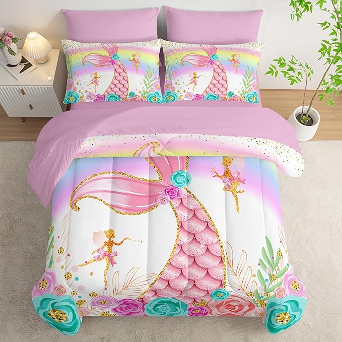 Mermaid Comforter Set Twin - 7 Piece Girls Bedding, Pink Teal Floral Bed Set, Soft Microfiber Comforter, Sheets, Pillowcases