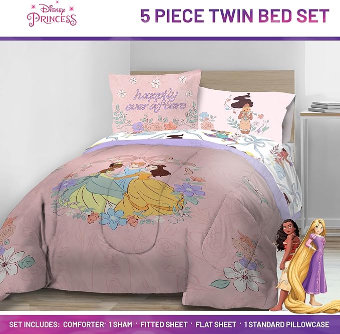 Jay Franco Kids Comforter Set Includes Sheets and Pillow Covers - Soft and Cozy Bed Set for Stylish Room Decor, Pink – Disney Princess, 5 Piece Twin