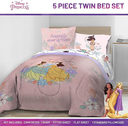 Jay Franco Kids Comforter Set Includes Sheets and Pillow Covers - Soft and Cozy Bed Set for Stylish Room Decor, Pink – Disney Princess, 5 Piece Twin