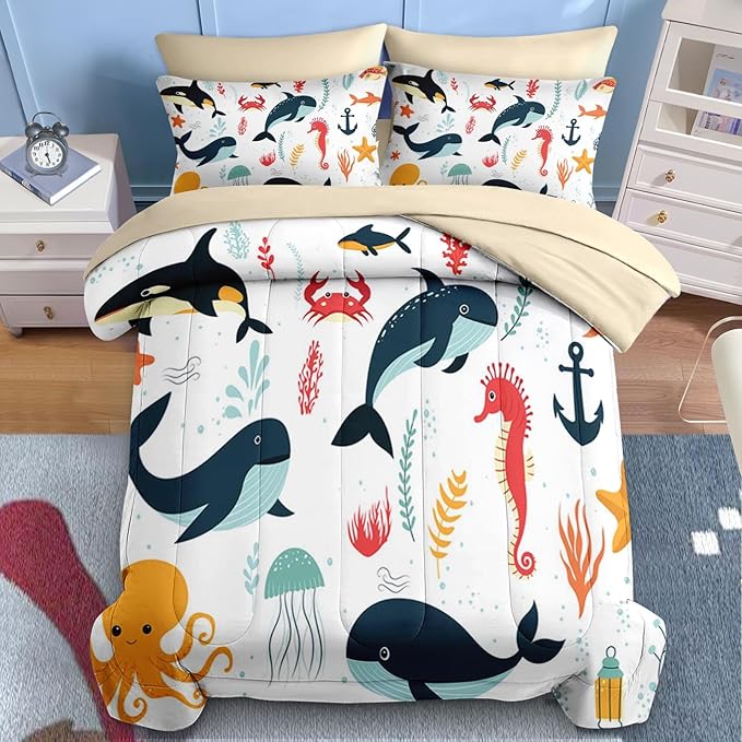 Nesker 7 Pcs Comforter Set Full Size, Whales Octopuses Seahorses Bedding for Kids Teen, Ocean Sea Animal with Fitted Sheet 2 Pillowcases & 2 Shams for Bedroom Bed Decor