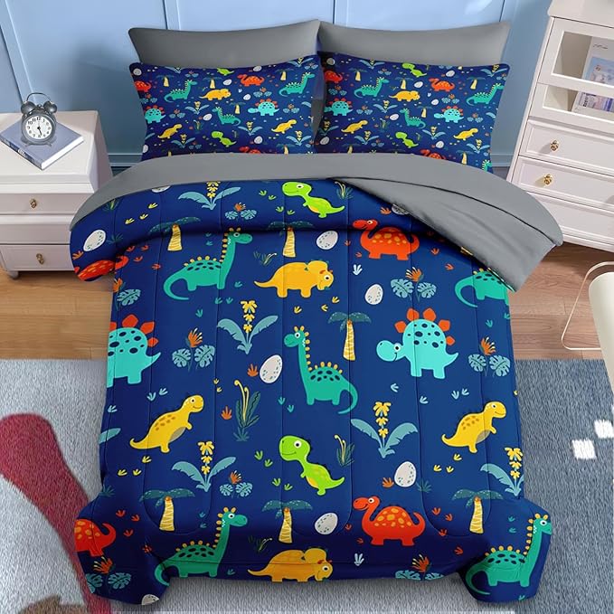 Nesker Comforter Set Full Size, Blue Dino 7 Pcs Bedding for Kids Teens, Dinosaur with Fitted Sheet 2 Pillowcases & 2 Shams for Bedroom Bed Decor