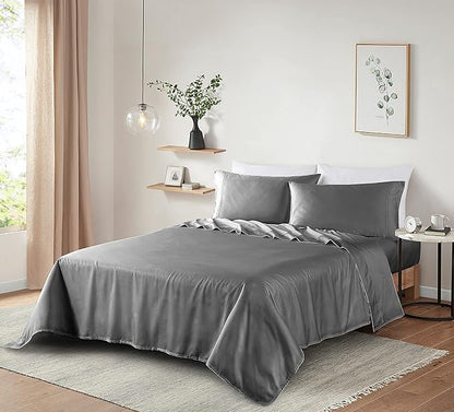 100% Supima Cotton Sheets 600 Thread Count,Bed Sheet Set King Size Sheets 4 Pieces,Soft & Silk Sateen Weave, Fits Mattress Up to 18'',Deep Pocket, Breathable & Fade Resistant(Grey,King)
