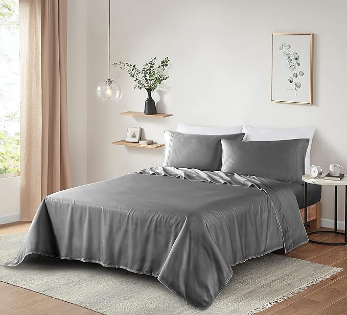 100% Supima Cotton Sheets 600 Thread Count,Bed Sheet Set Queen Size Sheets 4 Pieces, Soft & Silky Sateen Weave, Fits Mattress Up to 18'',Deep Pocket, Breathable & Fade Resistant(Grey,Queen)