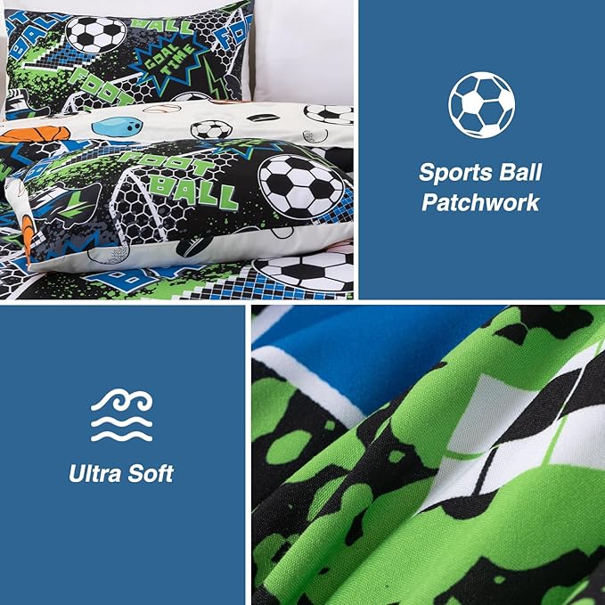 A Nice Night Boys Football Field Comforter Set 6-Piece Bed-in-a-Bag, Twin Size Football Entering The Door Printed Bedding Collections for Kids, Durable & Easy Care, Sports Theme Design for Boys