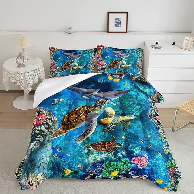 CVHOUSE Kids Teens Ocean Sea Turtle Bedding Set - Twin Size Comforter, Duvet, Quilt Set with Room Decor