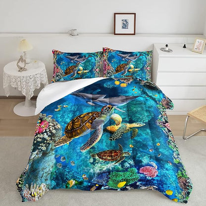 CVHOUSE Kids Teens Ocean Sea Turtle Bedding Set - Twin Size Comforter, Duvet, Quilt Set with Room Decor