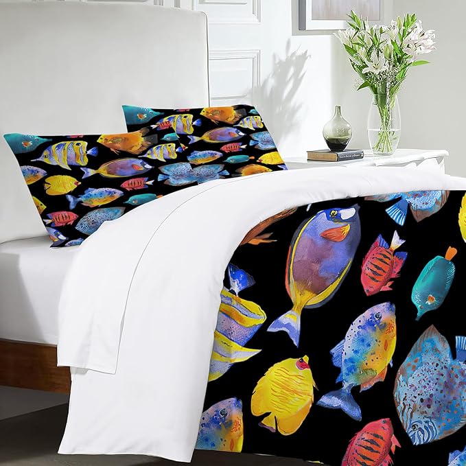 Ocean Tropical Fish Theme 3 Pieces Duvet Cover Comforter Set with 2 Pillowcase Queen Size Sea Nautical Fishing Bed Sheet Quilt Bedroom Bedding for Lover Kids