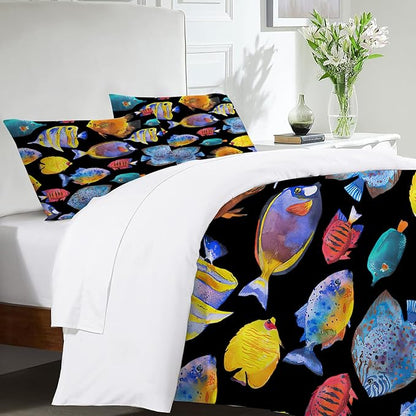Ocean Tropical Fish Theme 3 Pieces Duvet Cover Comforter Set with 2 Pillowcase Queen Size Sea Nautical Fishing Bed Sheet Quilt Bedroom Bedding for Lover Kids