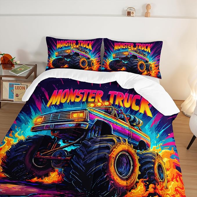 Cool Monster Truck Comforter Set Full Size,Colorful Racing with Flame Bedding for Kids Boys Teens Room Decor,Cartoon Cars Sport Themed Bedding Sets with 2 Pillowcases.