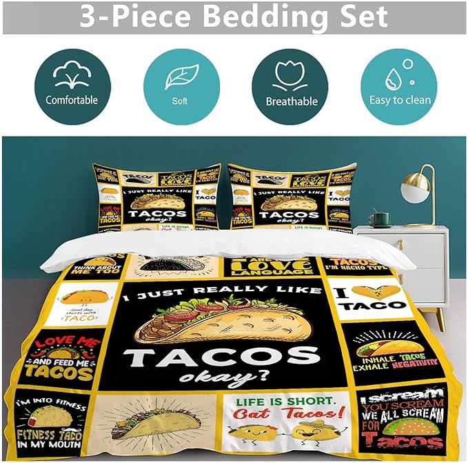 Taco Bedding Set Taco Food Theme Comforter Set for Kids Teens Adults Women Men Taco Duvet Cover Bedroom Decor Soft Full Size Quilt Cover with 2 Pillowcases