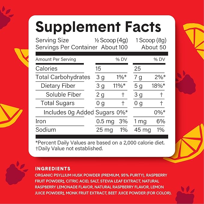 Bellway Super Fiber Powder + Fruit, Sugar Free Organic Psyllium Husk Powder Fiber Supplement for Regularity, Bloating Relief & Digestive Health, Plant-Based, Raspberry Lemon (50 Servings)