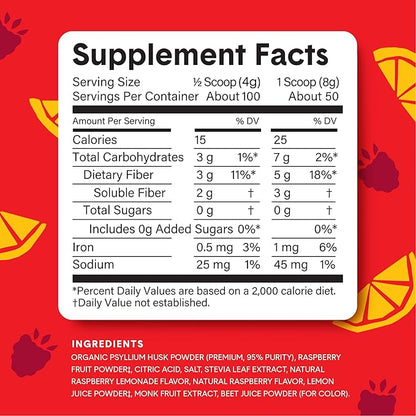 Bellway Super Fiber Powder + Fruit, Sugar Free Organic Psyllium Husk Powder Fiber Supplement for Regularity, Bloating Relief & Digestive Health, Plant-Based, Raspberry Lemon (50 Servings)