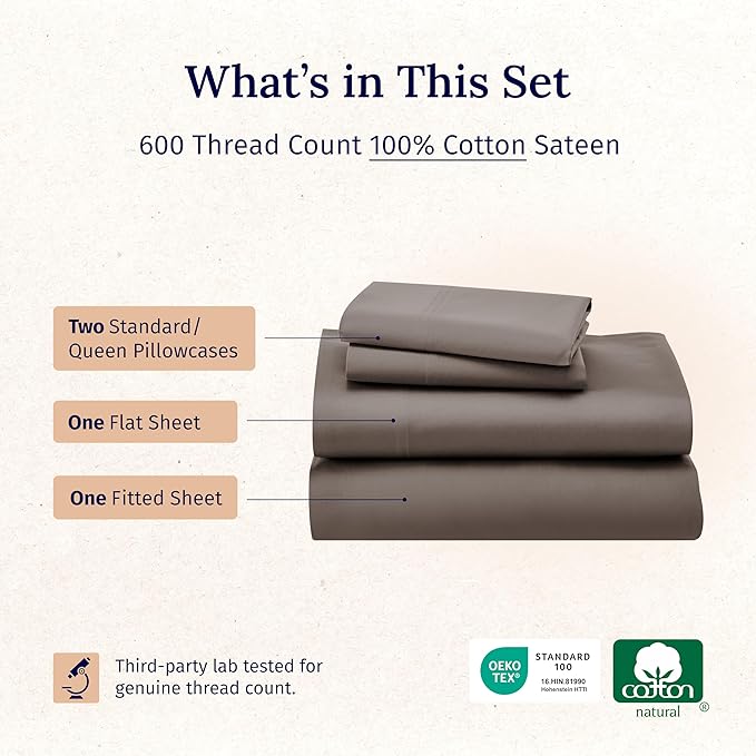 California Design Den 100% Cotton Sheet Set Queen, 600 Thread Count Sateen, Soft, Cooling Deep Pocket Cotton Sheets, Hotel-Quality Queen Sheet Set (Mushroom - Taupe Brown)
