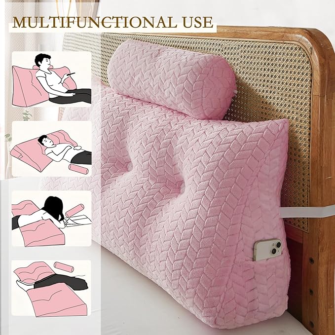 YOUR MOON Wedge Headboard Pillow Twin with 1 Pack Neck Roll Pillow, Triangular Wedge Backrest Pillows Headboard for Bed,Daybed,and Lounging, Large Bed Bolster Pillows,Pink