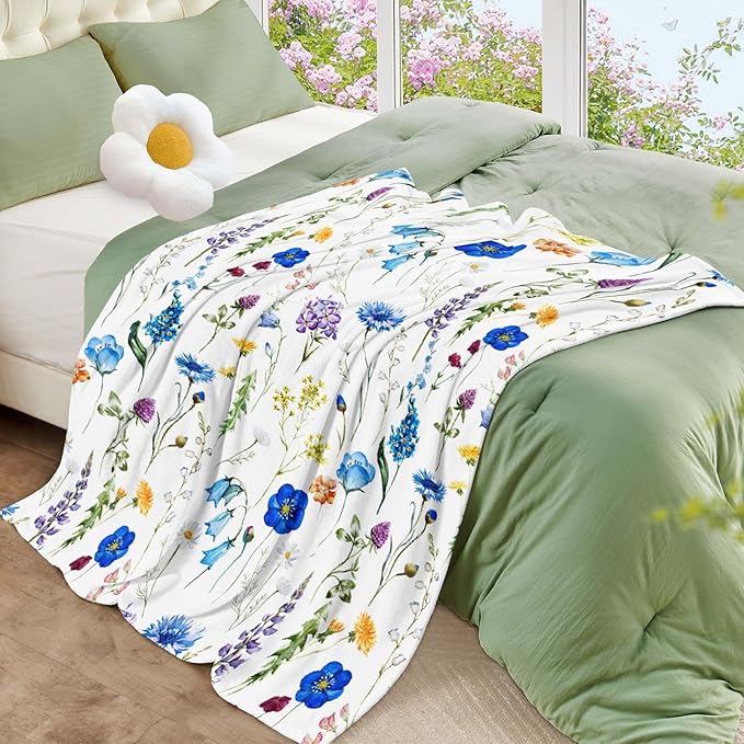 Floral Throw Blanket Birthday for Mom Women Blue Watercolor Flowers Blanket Soft Fuzzy Flannel Bed Blanket Plush Floral Throw for Couch Sofa Bed Chair 60"x80"