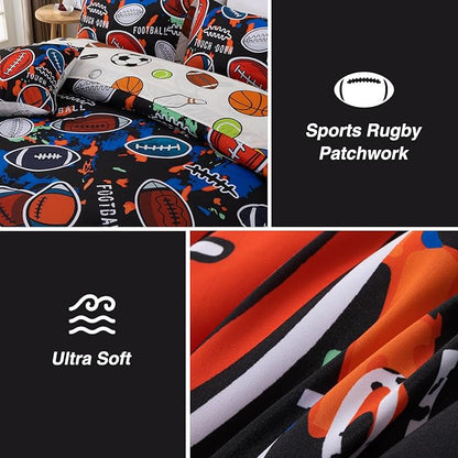 A Nice Night 6Pcs Bed in A Bag Twin Sports Comforter Set, Camouflage Patterns of Rugby Bedding Collections,for Boys Kids Teen,Red Black