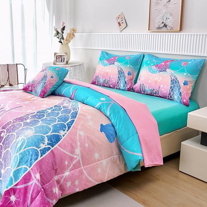 RYNGHIPY Kids Girls Comforter Set 6Pcs, Mermaid Bed in a Bag Queen Size, Fish Tail Print Teens Girls Bedding Set, Rainbow Bedding Collections