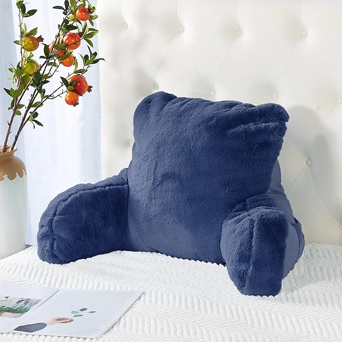 Plush Faux Fur Backrest Reading Bed Rest Pillow with Arms and Pockets for Sitting in Bed Couch Sofa, Back Support Wedge Cushion with Removable Cover, 20" x 18" x 17", Dark Blue