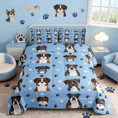 Castle Fairy Cartoon Dogs Comforter Set,Cute Puppy Paw Prints Bedding Set for Kids Boys Teens,Watercolor Lovely Pet Animals Decor Comforter Duvet Set with 1 Pillowcase Twin Size 2 Pcs