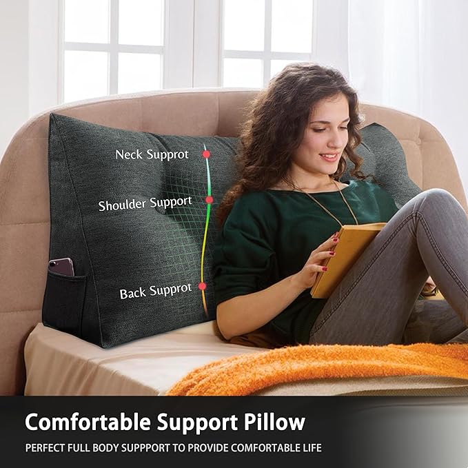 Headboard Pillow Wedge Queen Size Large Bolster Pillow for Bed Triangle Reading Pillow Back Support Pillow for Sitting Up in Bed XXL Couch Daybed Bed Rest Backrest Cushion Linen Anthracite