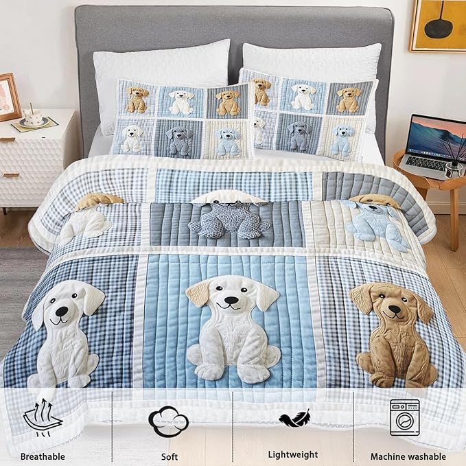 Kawaii Blue White Dogs Quilts Bedding King 3Pcs Wild Animal Cartoon Pet Puppy Bed Set Fabric Collage Grid Pattern Bedspread Coverlet with 2 Pillowcases for Kid Boy Girl Teen Adult Room Decor