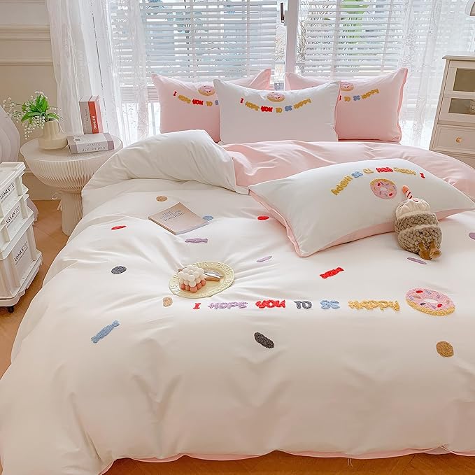 MorroMorn Cotton Duvet Cover Queen Size, 3D Embroidery Queen Bedding Sets All Seasons, Cute Chenille Embroidered Comforter Covers Soft Sweat-Absorbent for Girls Kids Teen (Donut White, Full/Queen)