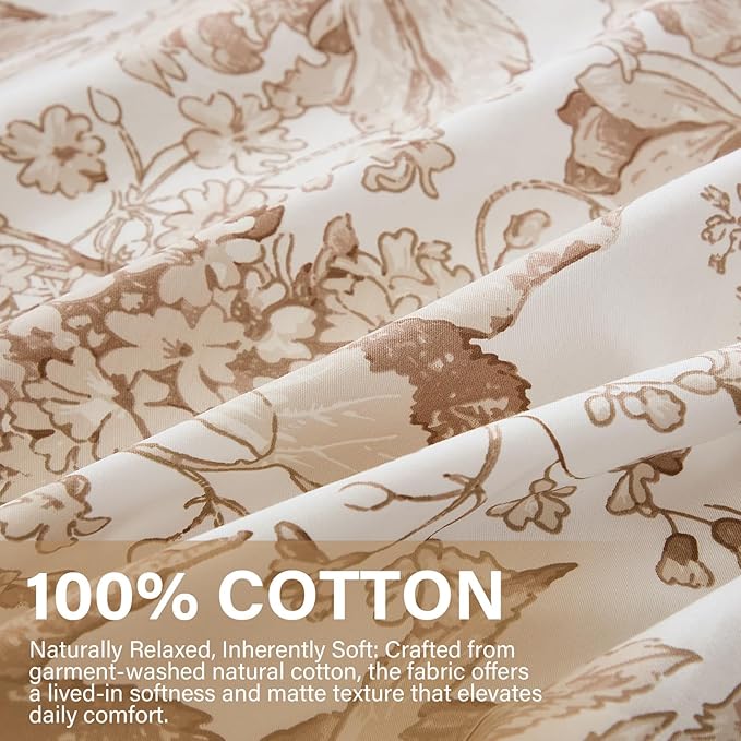 Khaki Floral Duvet Cover King Size 100% Cotton Vintage Botanical Duvet Cover Set 3 Pcs Soft Flower Bedding Set Breathable and Lightweight