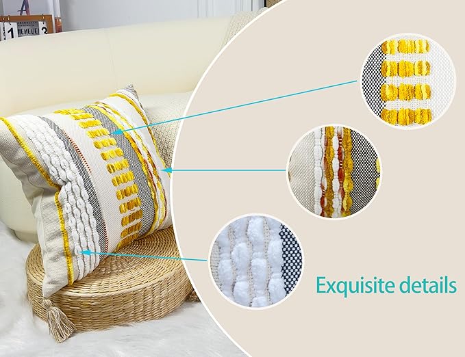 Boho Throw Pillow Covers 16x16 Aesthetic Neutral Boucle Couch Pillow Cover Rainbow Striped Decorative Accent Pillow Case for Couch Bed Sofa Farmhouse Bedroom,Modern Funky,Set of 2 Yellow