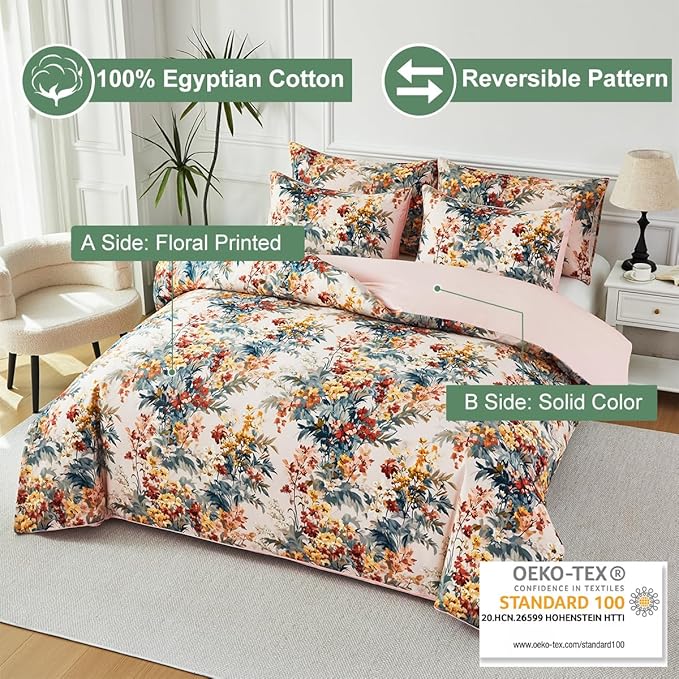 URBONUR Floral Duvet Cover Set King Size 3 Pieces 100% Cotton Silky Sateen Wildflowers Comforter Cover with 2 Pillowcases Soft & Breathable Bedding Sets