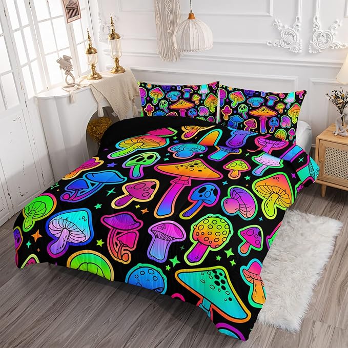 Mushroom Comforter Set Kids Bedding Set Twin,3Pcs Colorful Soft Black Gradient Mushroom Quilt Set Bed in A Bag with 1 Comforter 2 Pillowcases for Kids Boys Girls Teens Adults Room Decor All Season