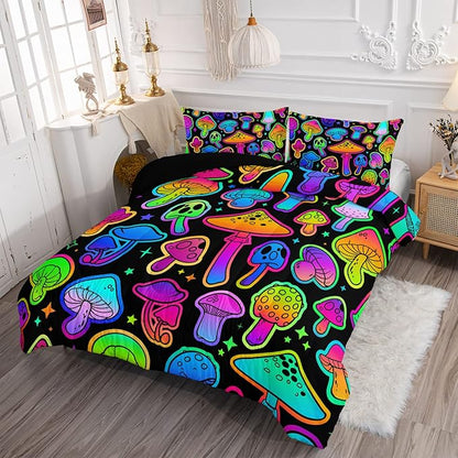 Mushroom Comforter Set Kids Bedding Set Twin,3Pcs Colorful Soft Black Gradient Mushroom Quilt Set Bed in A Bag with 1 Comforter 2 Pillowcases for Kids Boys Girls Teens Adults Room Decor All Season