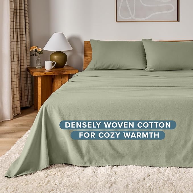 Bare Home Flannel Sheet Set 100% Cotton, Velvety Soft Heavyweight - Double Brushed Flannel - Deep Pocket (King, Sage)