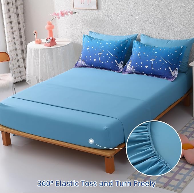 Menghomeus Girls Comforter Set Twin Size 5 Pieces Bed in A Bag Ombre Pink Blue Rainbow Bedding Set Dandelion Butterfly Print Kids Bedding Collections