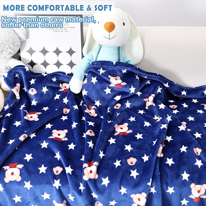 Warm Soft Toddler Fleece Blankets for Boys with Cartoon Bear & Star Pattern Print - Cozy Fuzzy Plush Flannel Kids Throw Blanket for Daycare & School - 50x60 inches