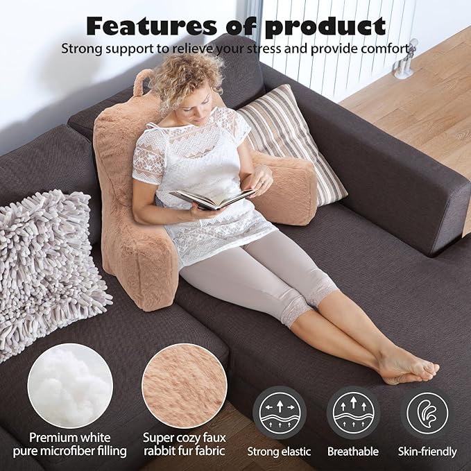 Reading Pillow Large Bed Pillow,Backrest Pillow with Arms, Back Support Pillow for Sitting Up in Bed, Couch for Lounging Bedrest,Camel