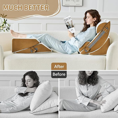 9PCS Wedge Pillow Set for After Surgery Recovery, Adjustable Memory Foam Neck Pillow, Foam Leg Pillow, Relieves Neck, Leg Pain, Sleep Apnea, and Functions as a Reading Pillow Brown